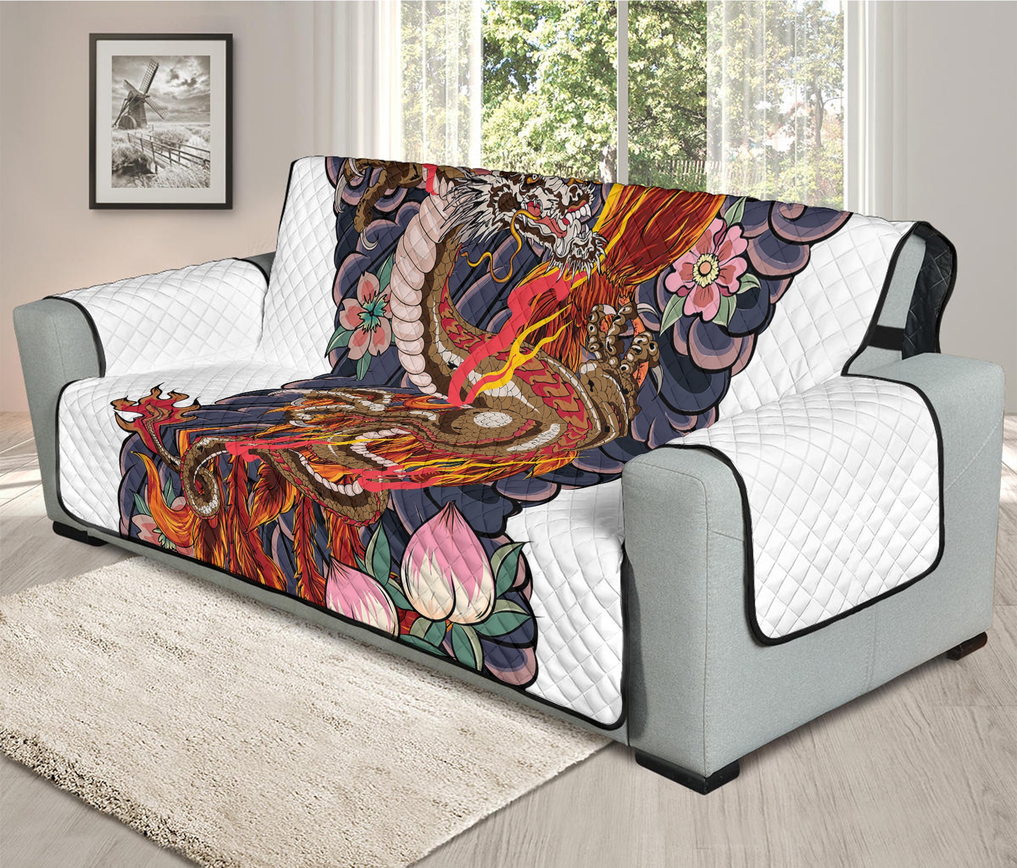 Japanese Dragon And Phoenix Tattoo Print Oversized Sofa Protector