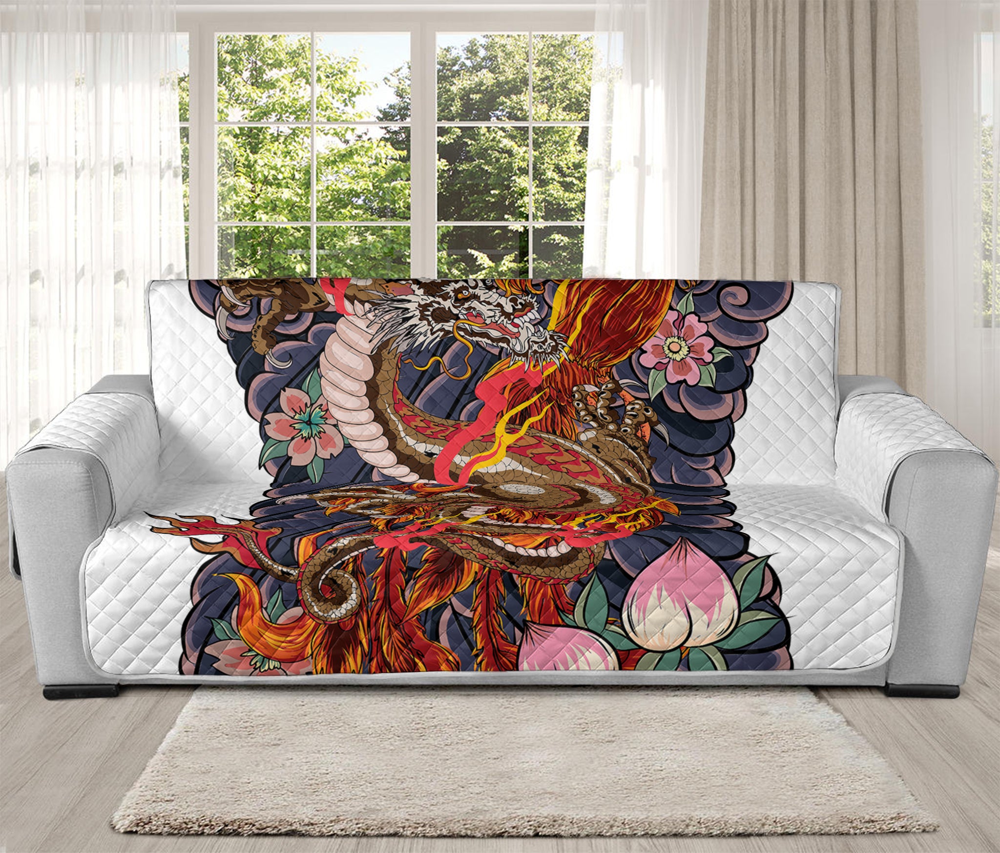 Japanese Dragon And Phoenix Tattoo Print Oversized Sofa Protector