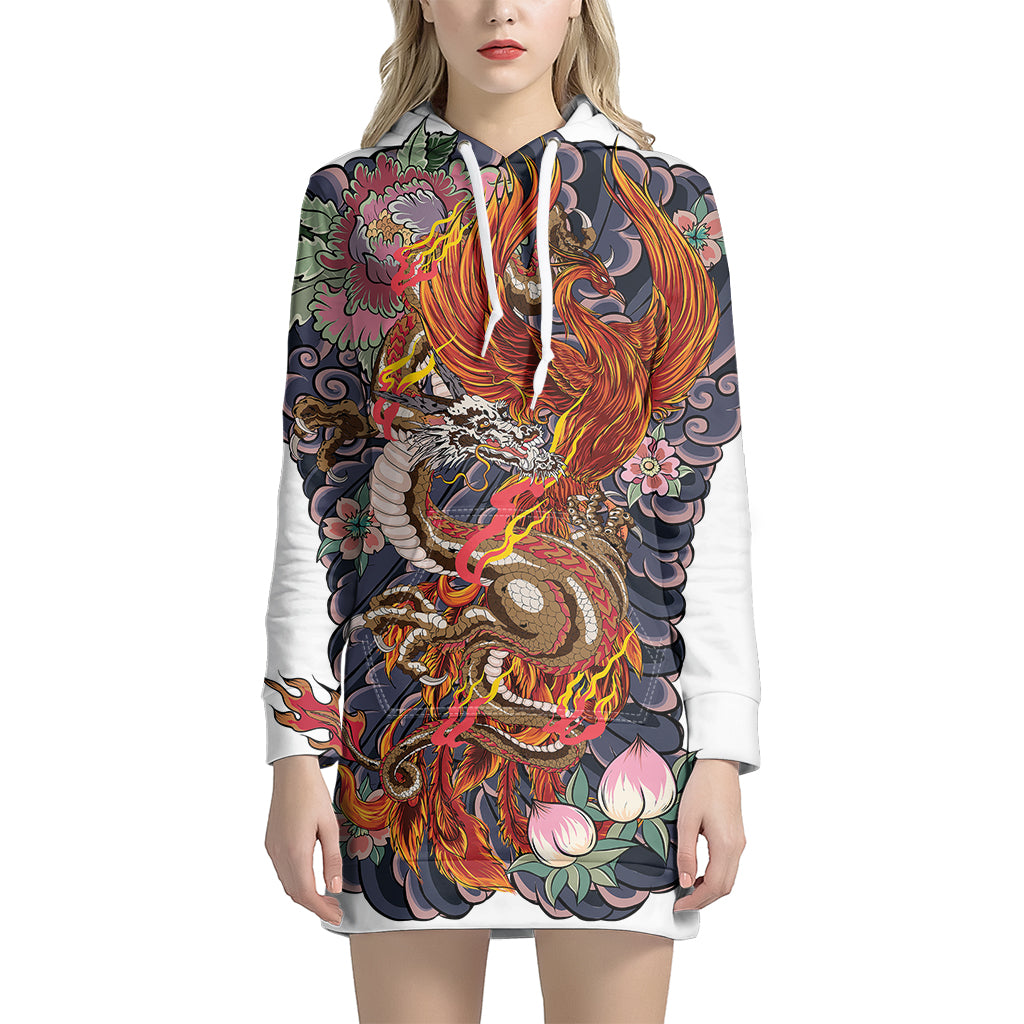 Japanese Dragon And Phoenix Tattoo Print Pullover Hoodie Dress