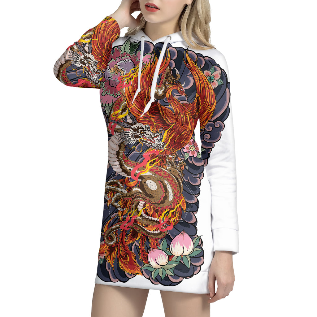 Japanese Dragon And Phoenix Tattoo Print Pullover Hoodie Dress