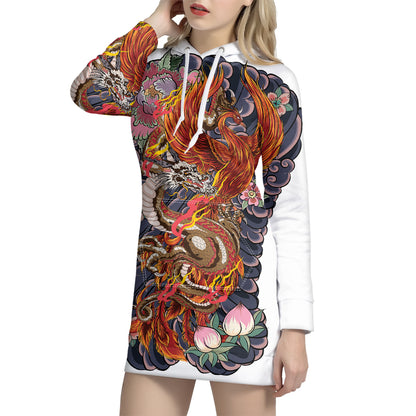 Japanese Dragon And Phoenix Tattoo Print Pullover Hoodie Dress