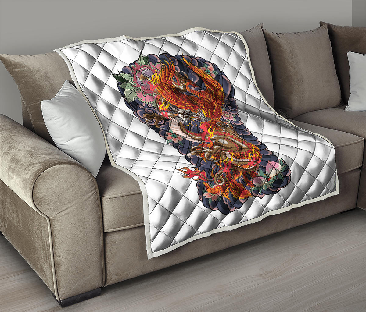 Japanese Dragon And Phoenix Tattoo Print Quilt