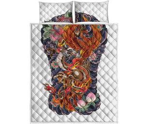 Japanese Dragon And Phoenix Tattoo Print Quilt Bed Set