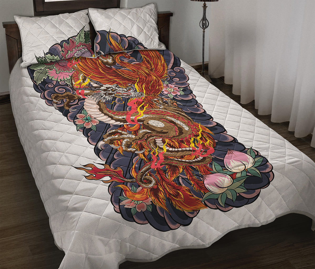 Japanese Dragon And Phoenix Tattoo Print Quilt Bed Set