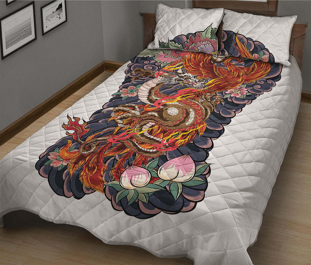 Japanese Dragon And Phoenix Tattoo Print Quilt Bed Set