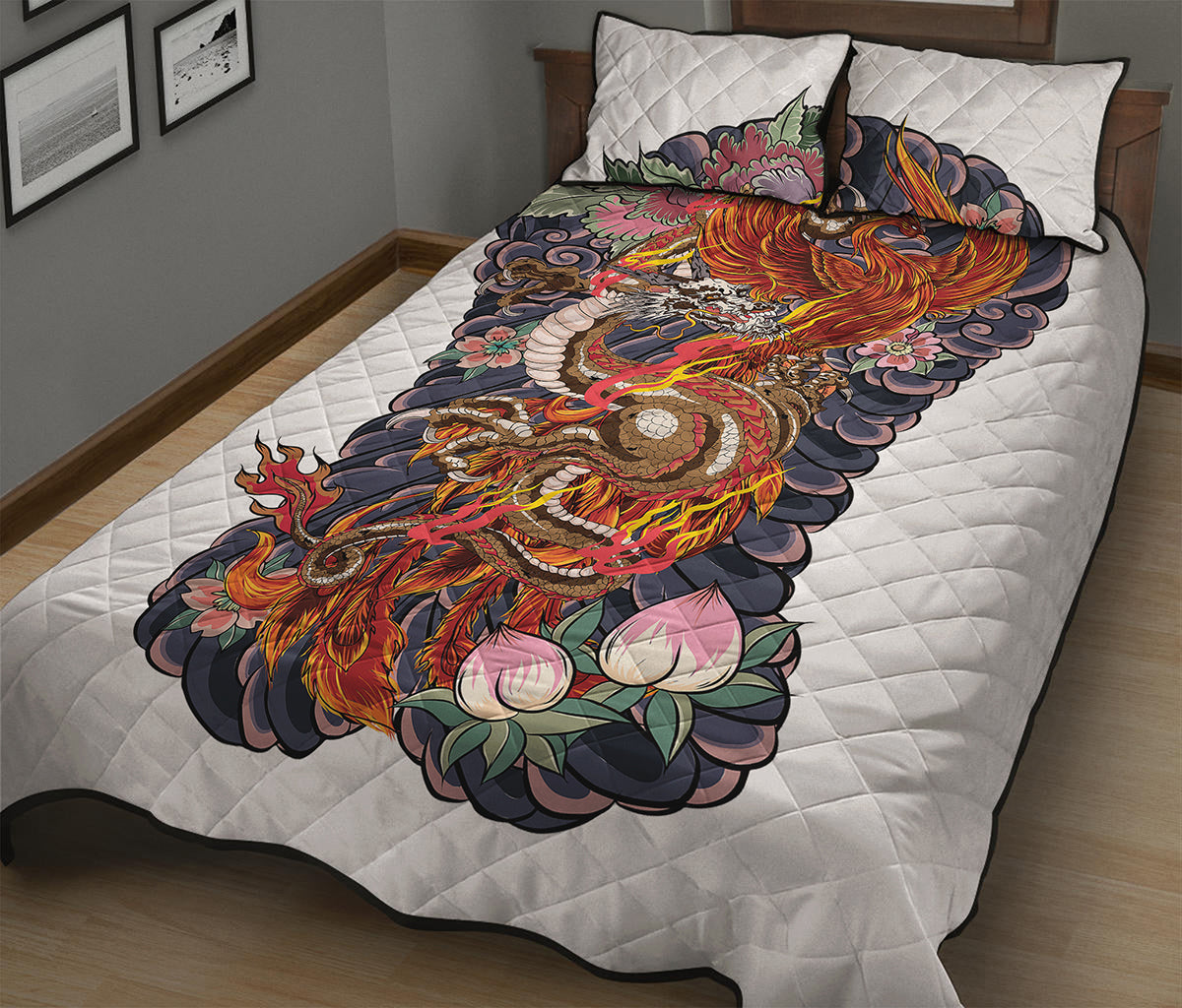 Japanese Dragon And Phoenix Tattoo Print Quilt Bed Set