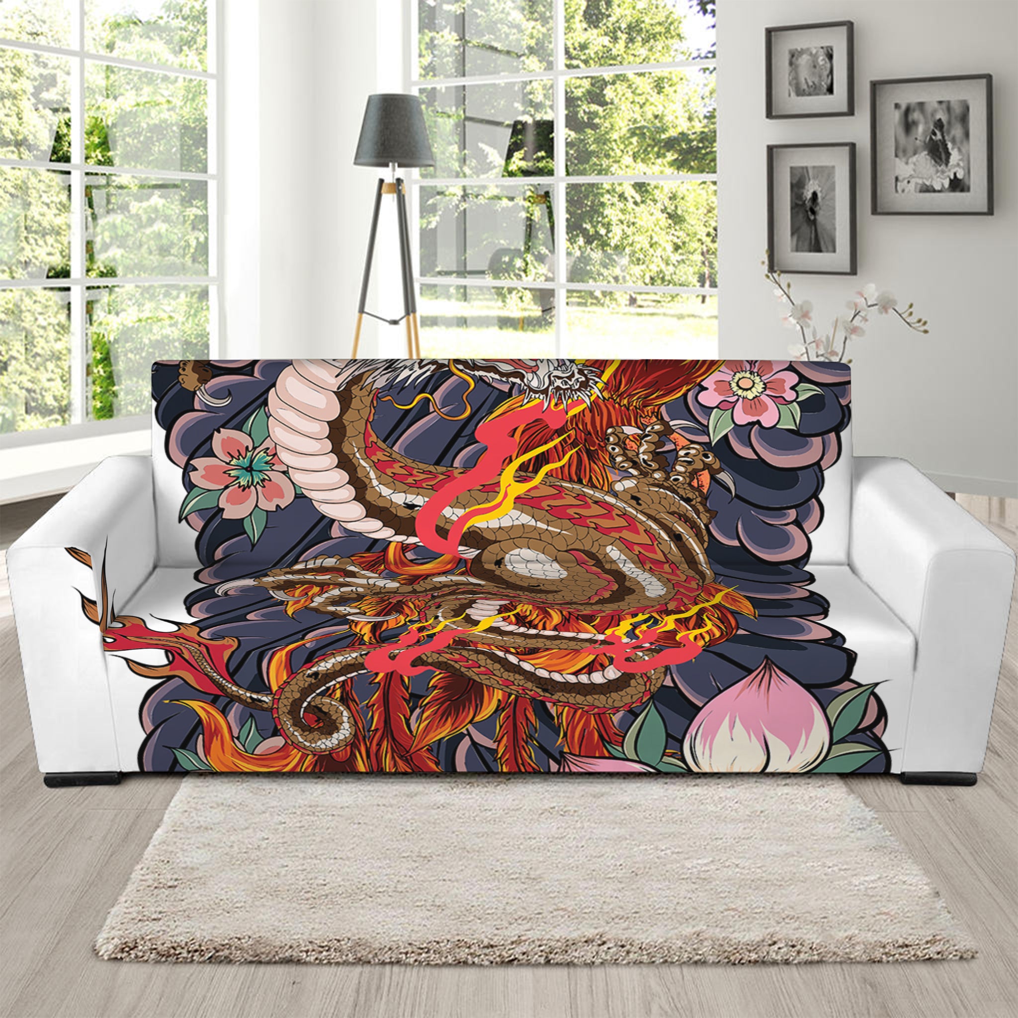 Japanese Dragon And Phoenix Tattoo Print Sofa Slipcover