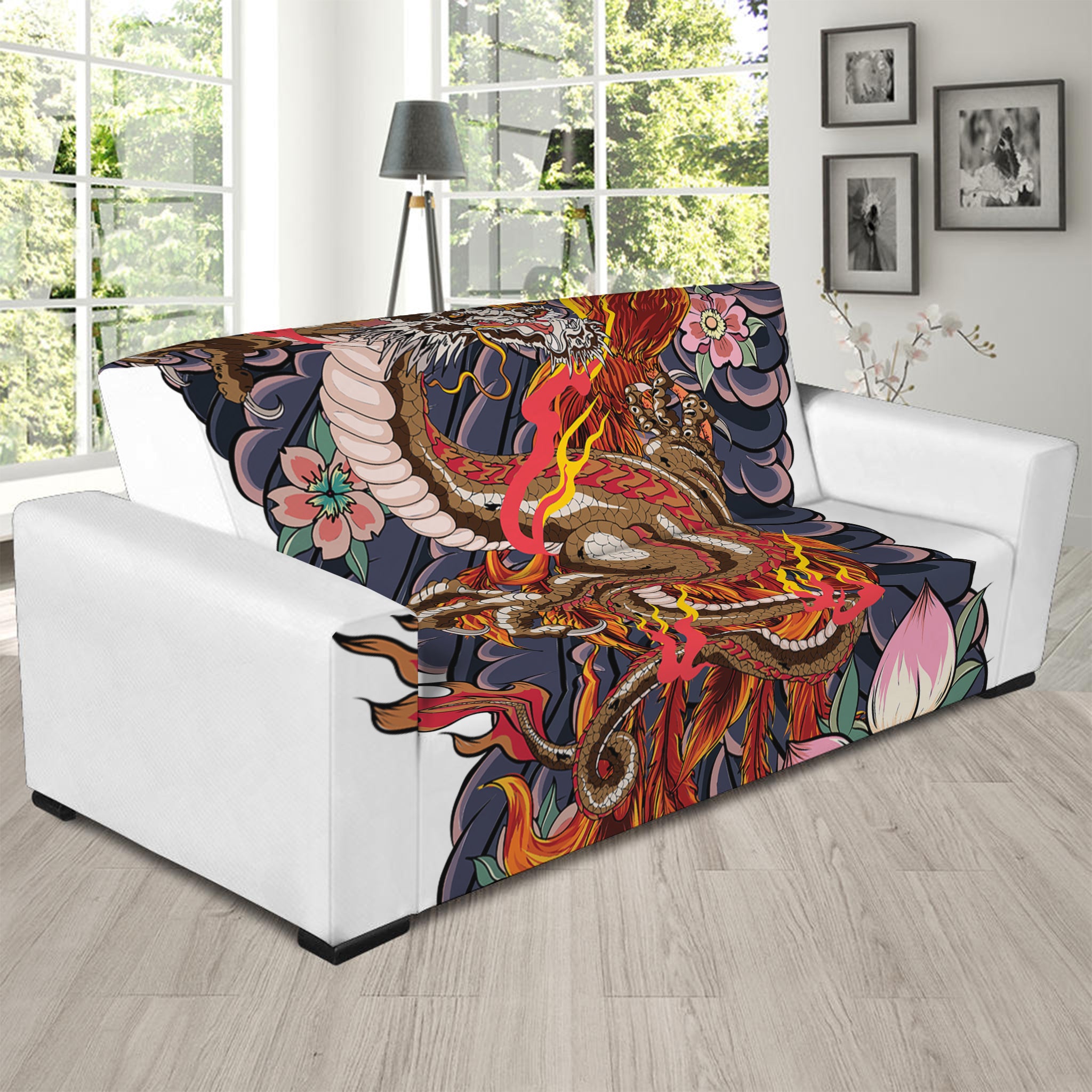 Japanese Dragon And Phoenix Tattoo Print Sofa Slipcover