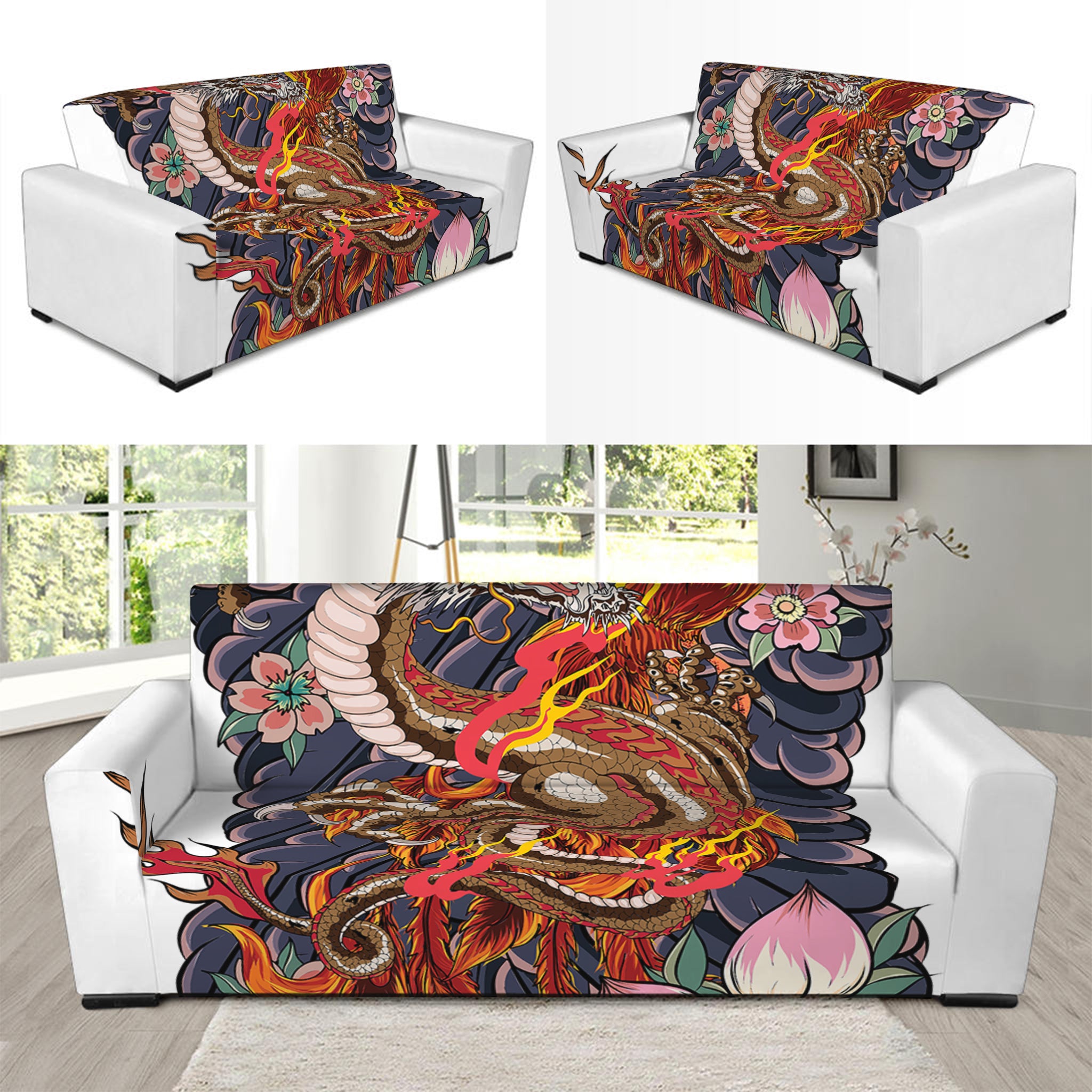 Japanese Dragon And Phoenix Tattoo Print Sofa Slipcover