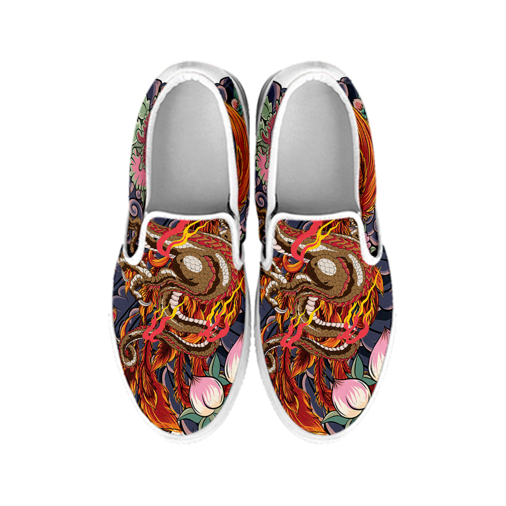 Japanese Dragon And Phoenix Tattoo Print White Slip On Shoes