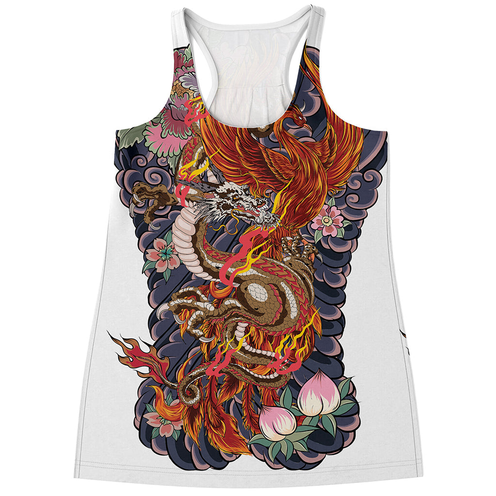 Japanese Dragon And Phoenix Tattoo Print Women's Racerback Tank Top