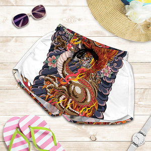 Japanese Dragon And Phoenix Tattoo Print Women's Shorts