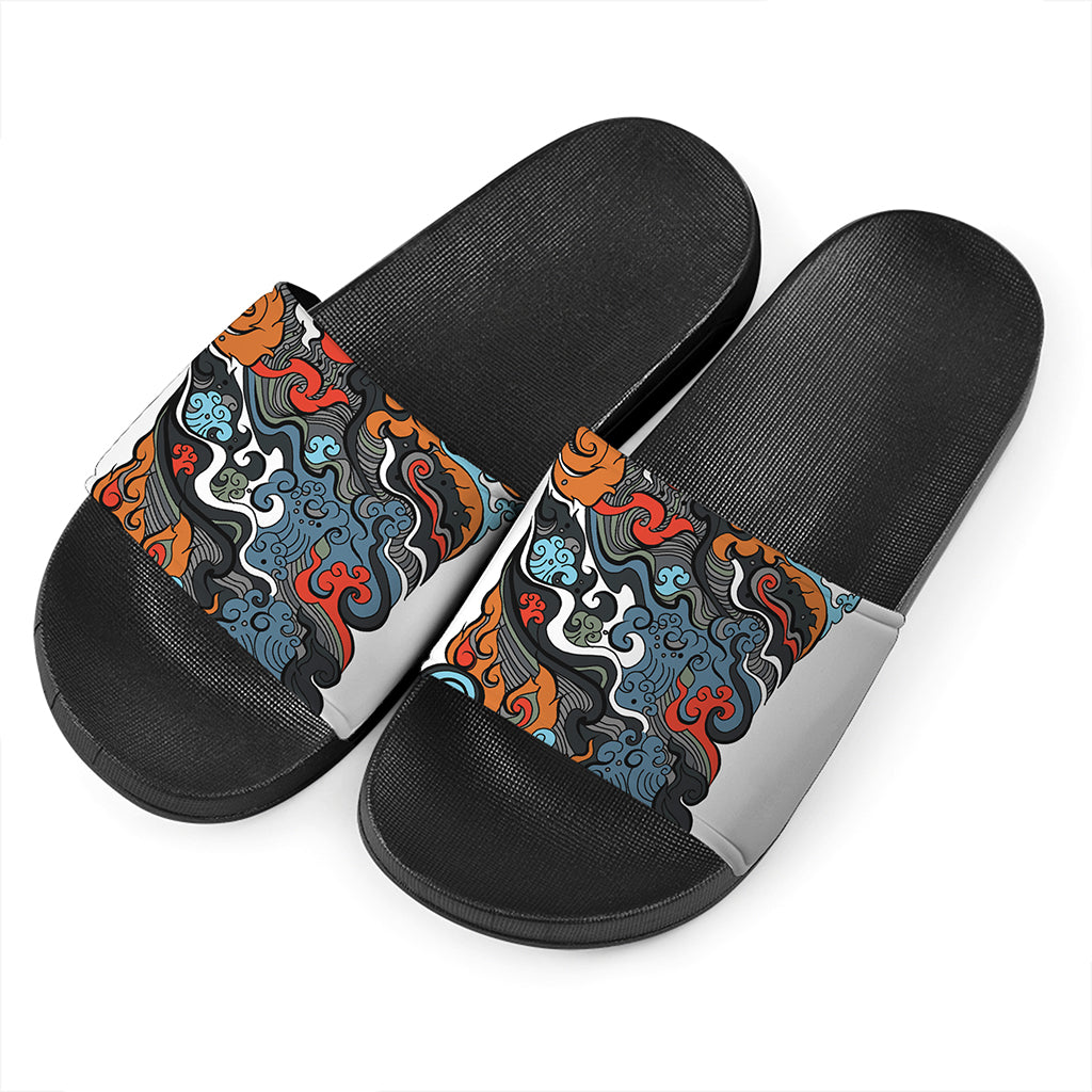 Japanese Elemental Tattoo Print Black Slide Sandals