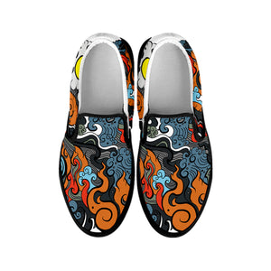 Japanese Elemental Tattoo Print Black Slip On Shoes