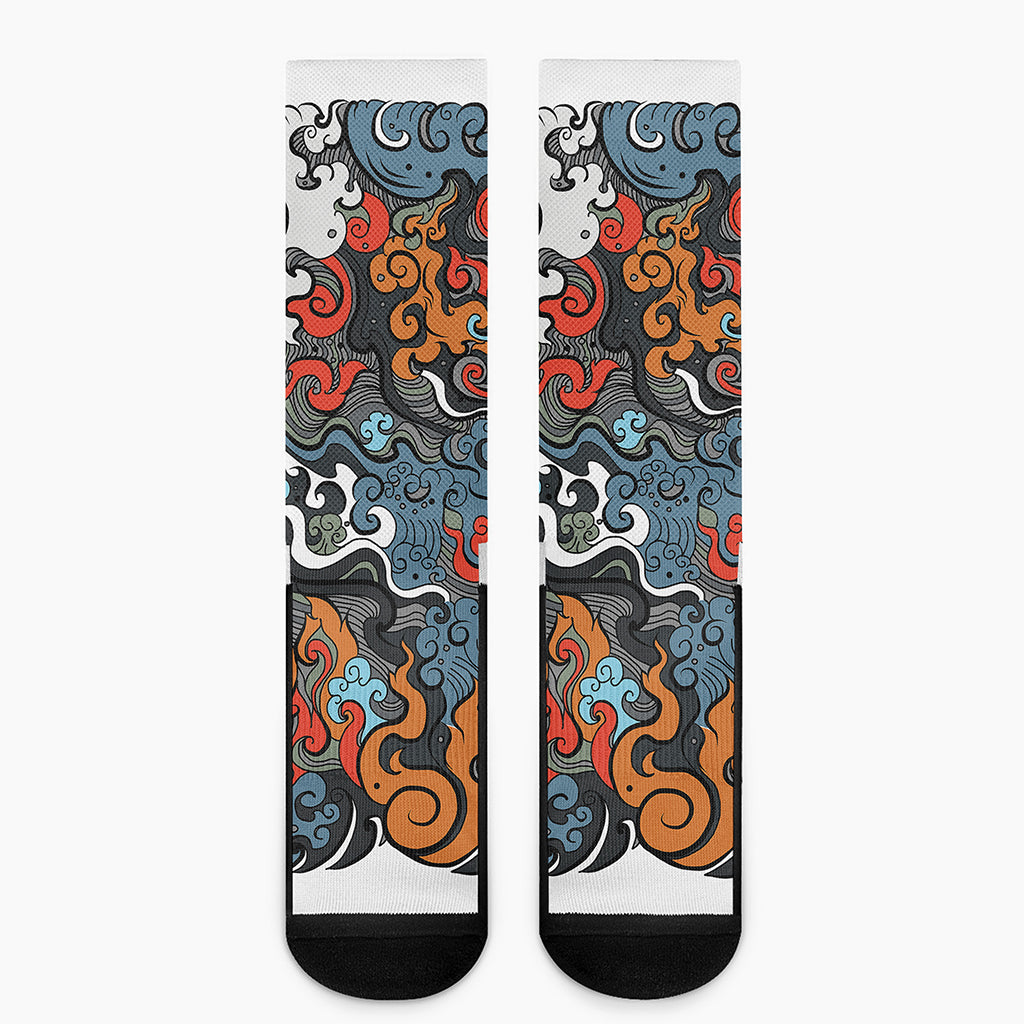 Japanese Elemental Tattoo Print Crew Socks