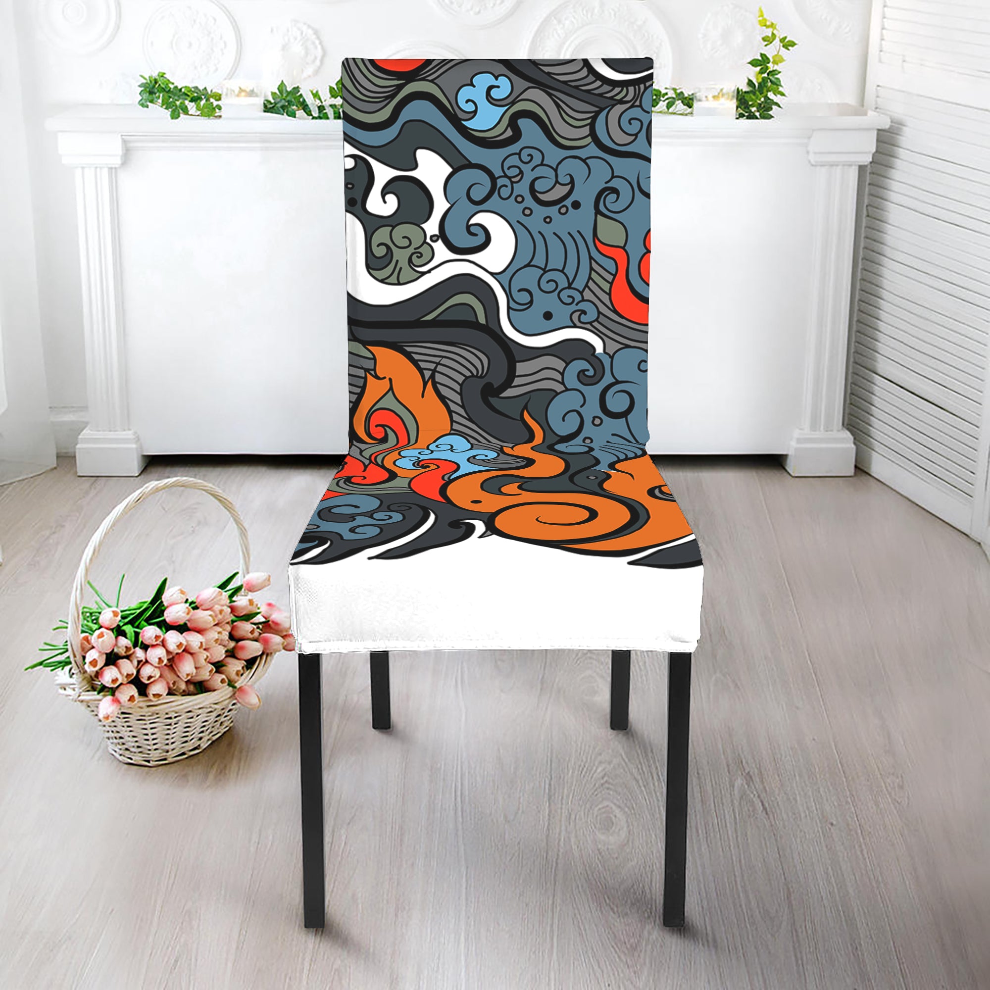 Japanese Elemental Tattoo Print Dining Chair Slipcover