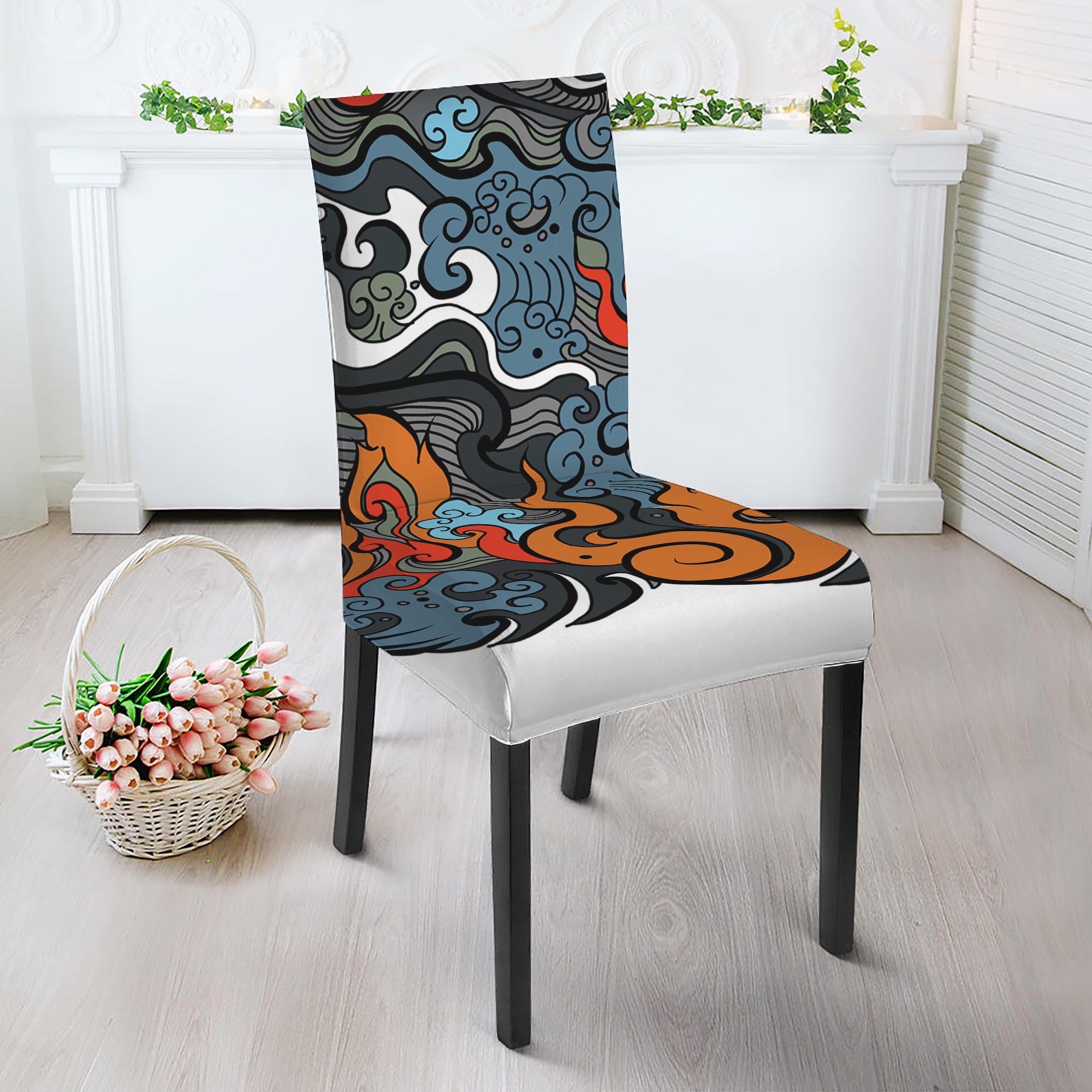 Japanese Elemental Tattoo Print Dining Chair Slipcover