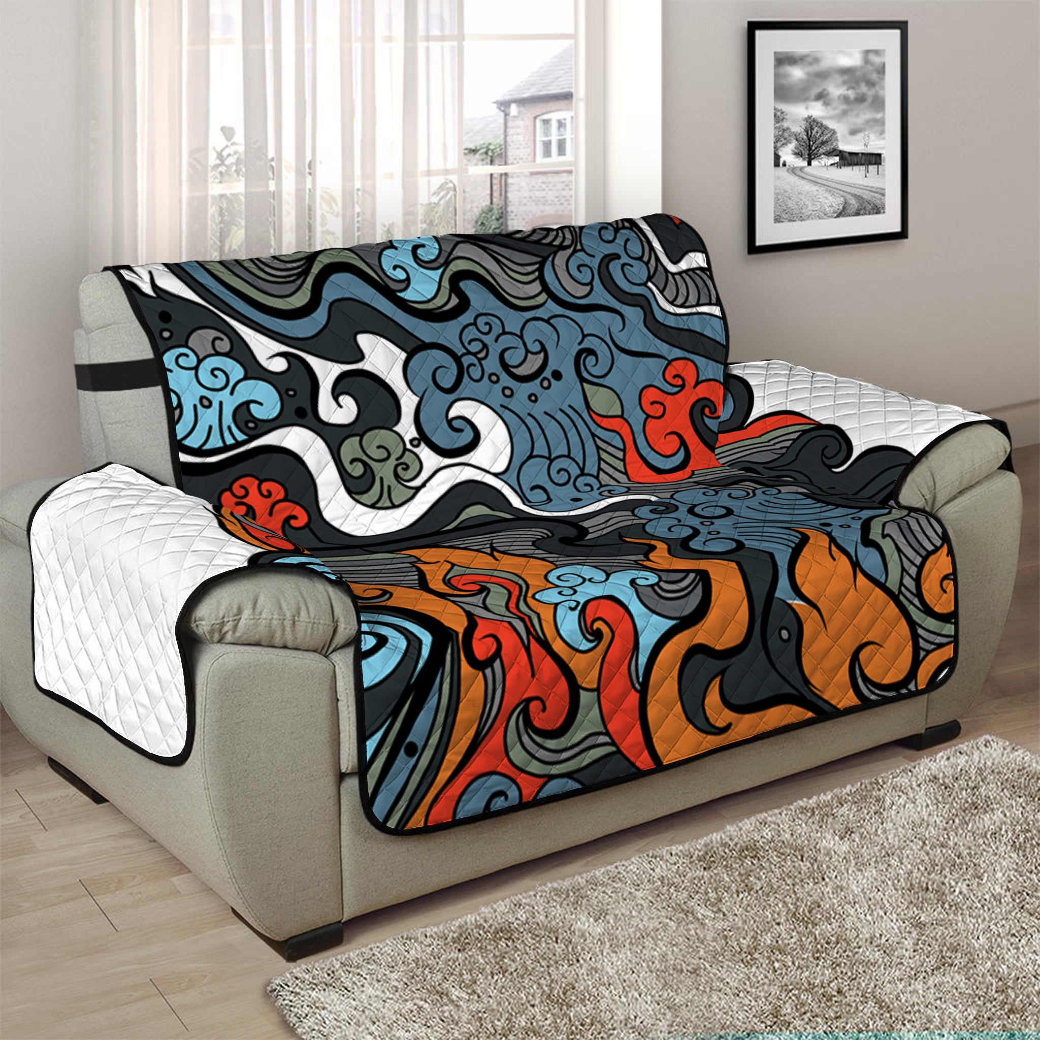 Japanese Elemental Tattoo Print Half Sofa Protector