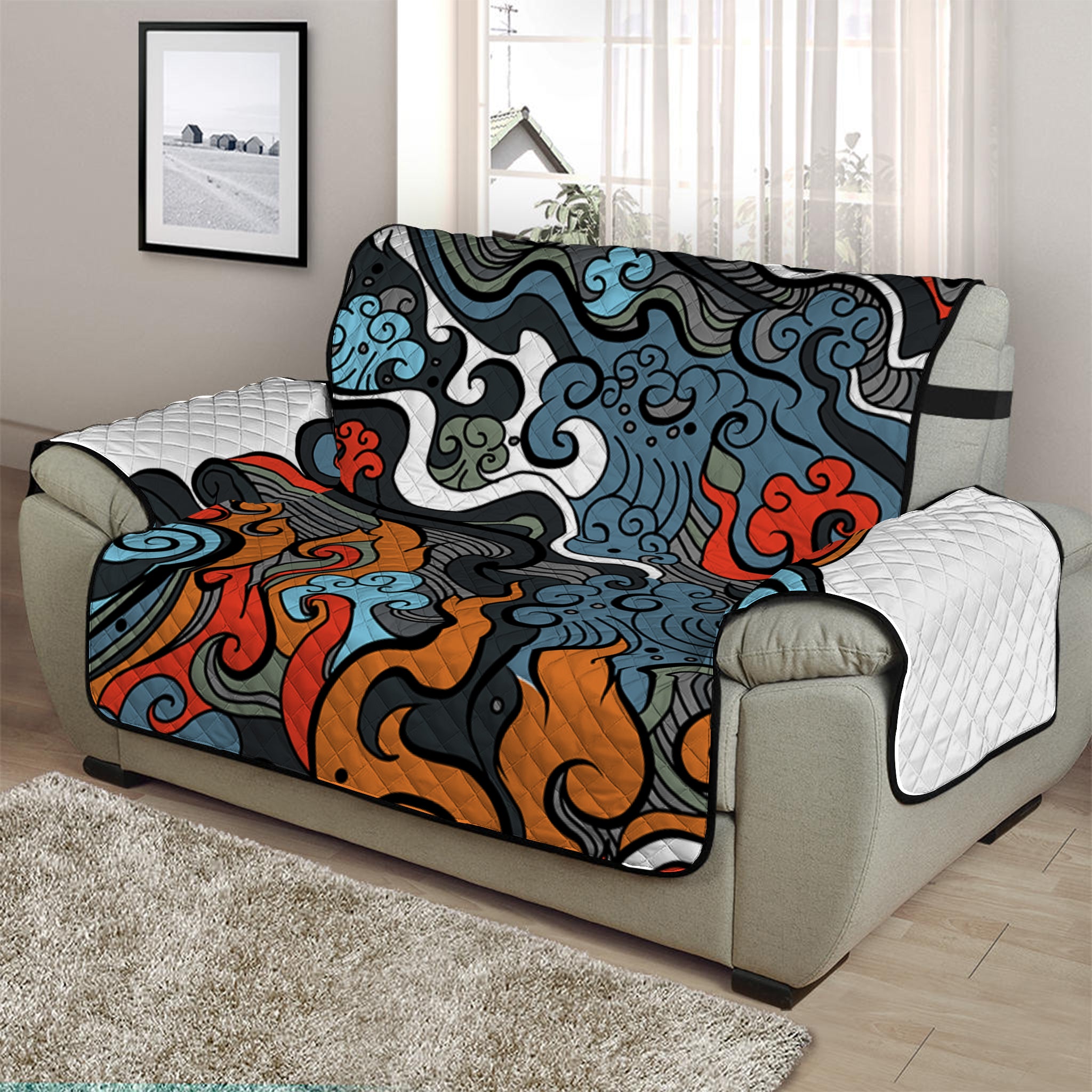 Japanese Elemental Tattoo Print Half Sofa Protector