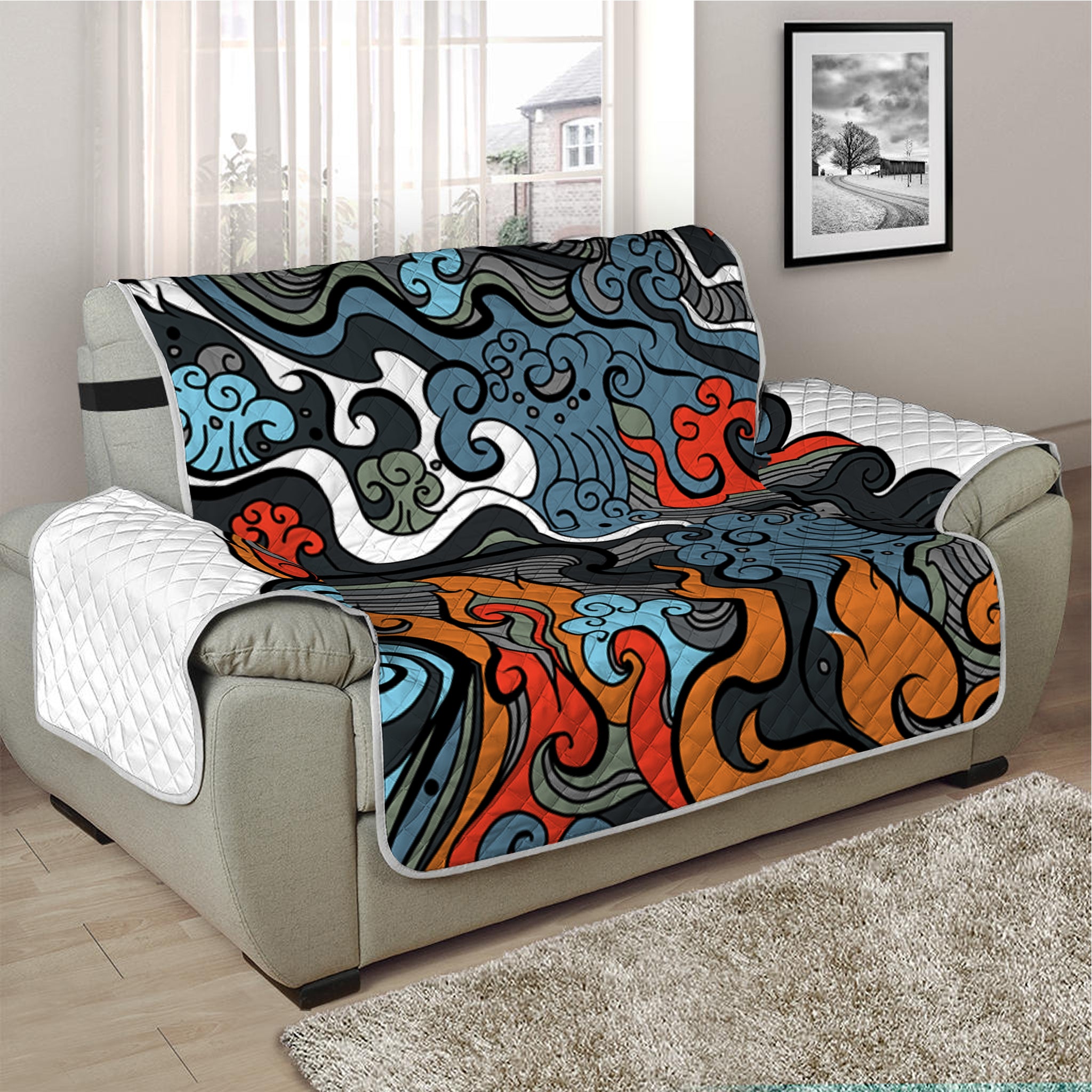 Japanese Elemental Tattoo Print Half Sofa Protector