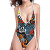 Japanese Elemental Tattoo Print High Cut One Piece Swimsuit