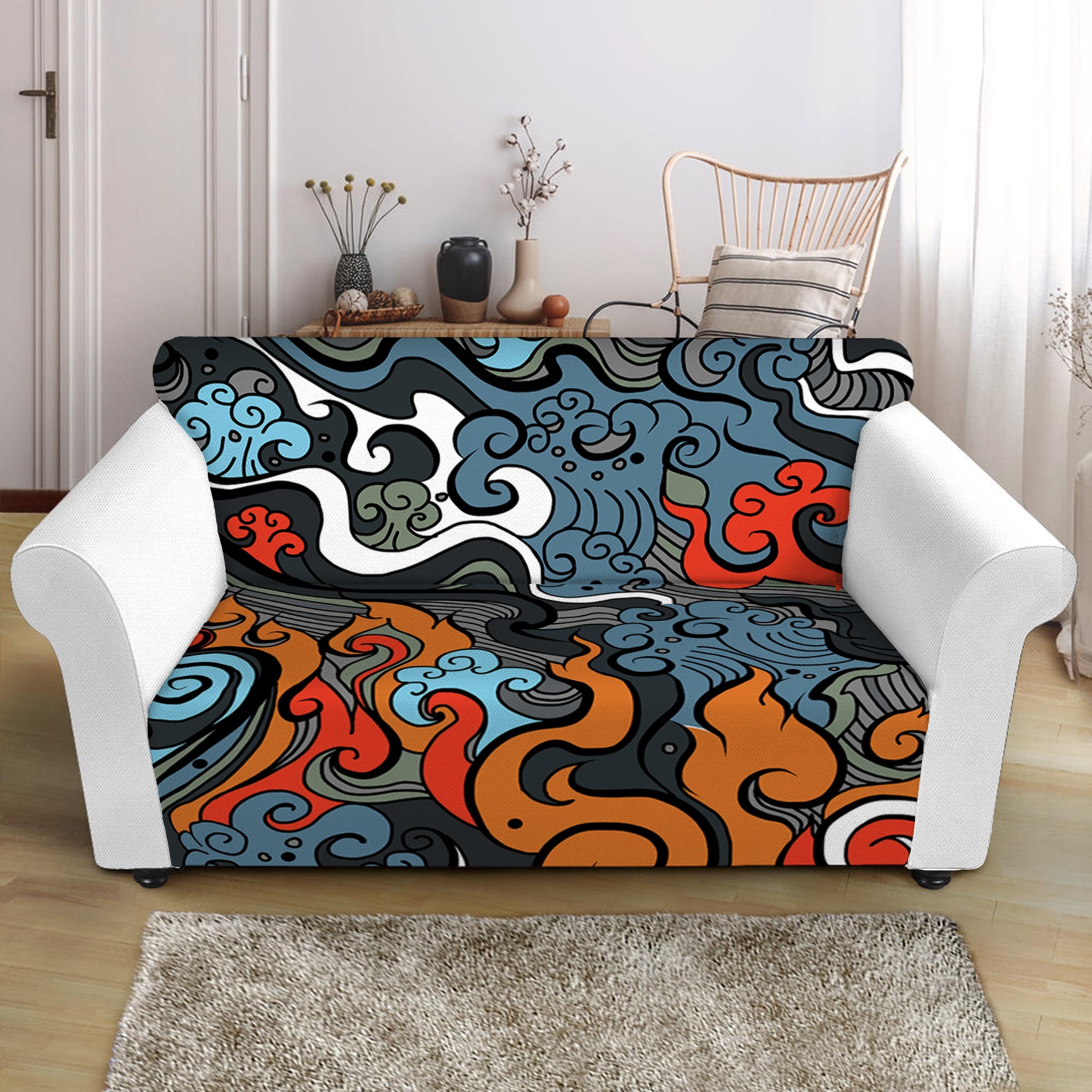 Japanese Elemental Tattoo Print Loveseat Slipcover