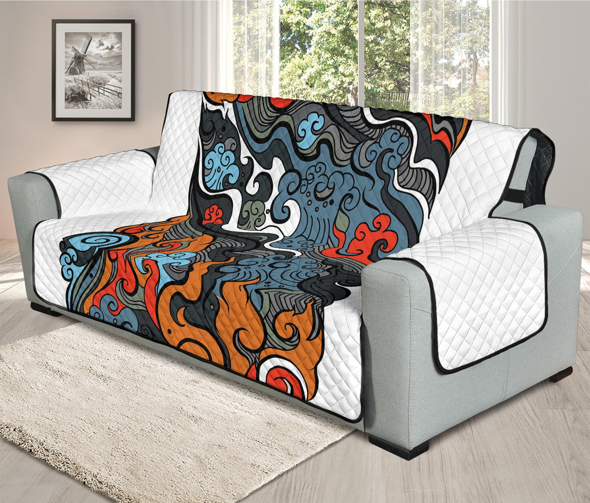 Japanese Elemental Tattoo Print Oversized Sofa Protector