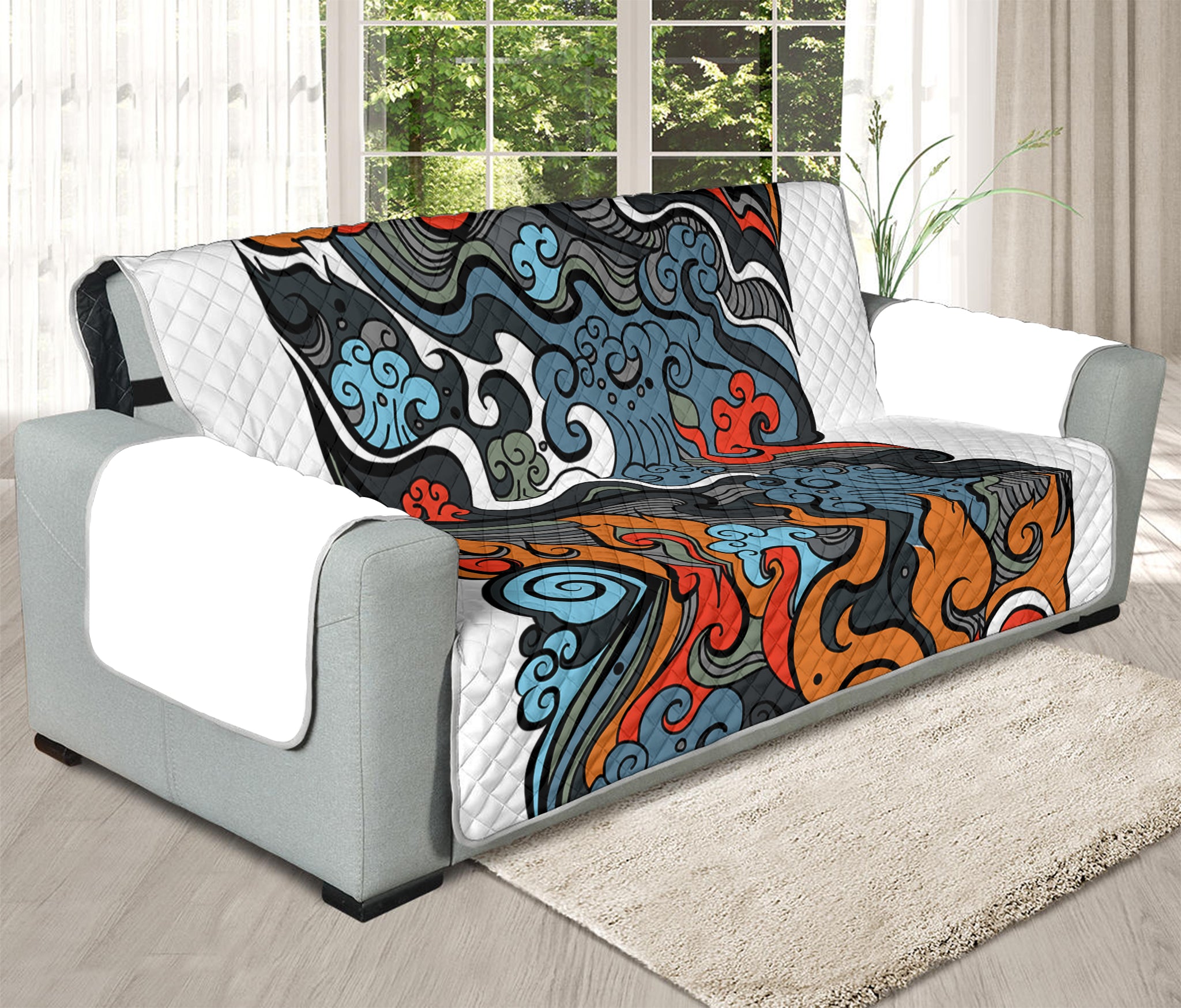 Japanese Elemental Tattoo Print Oversized Sofa Protector