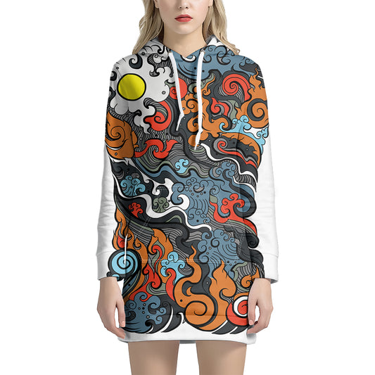 Japanese Elemental Tattoo Print Pullover Hoodie Dress
