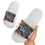 Japanese Elemental Tattoo Print White Slide Sandals