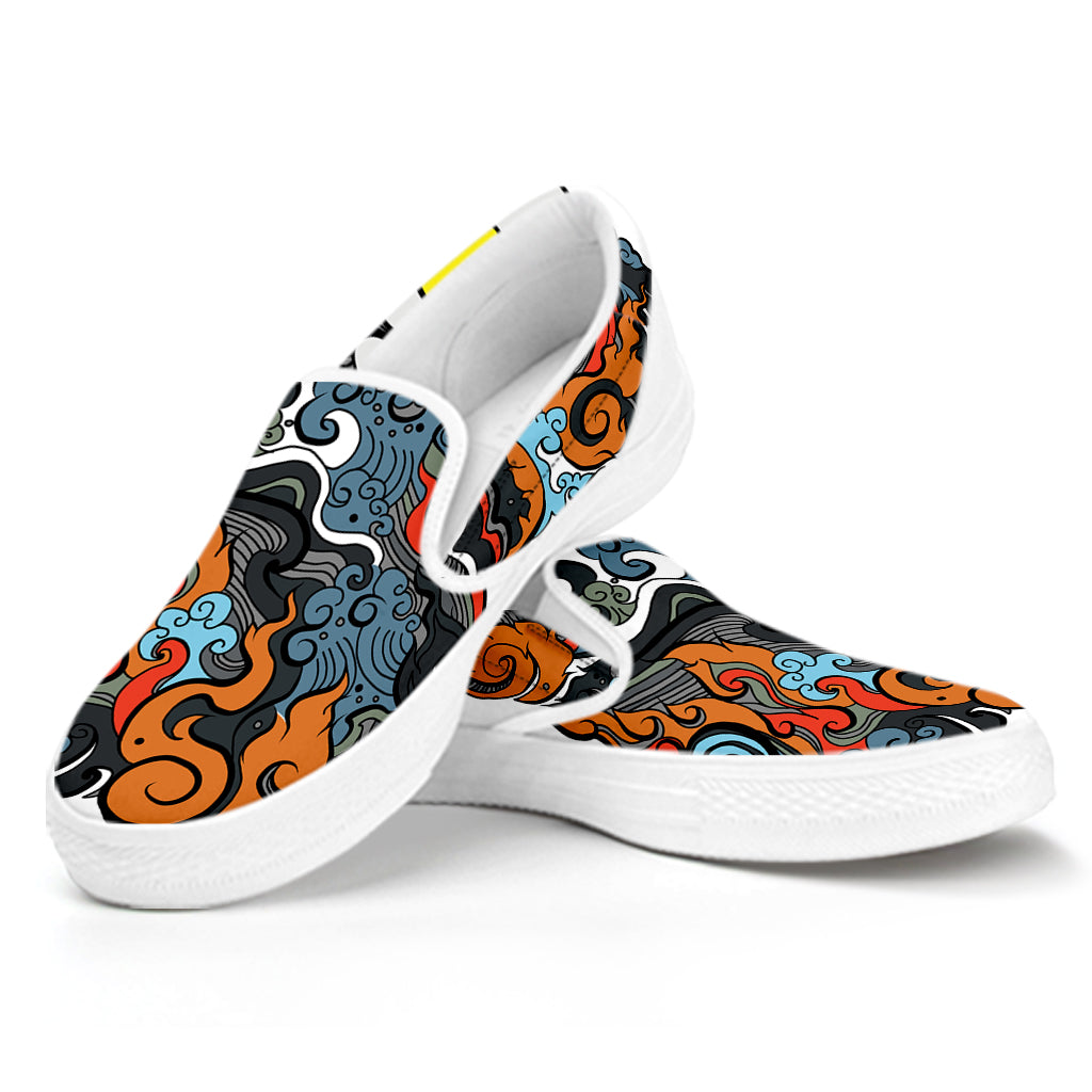 Japanese Elemental Tattoo Print White Slip On Shoes