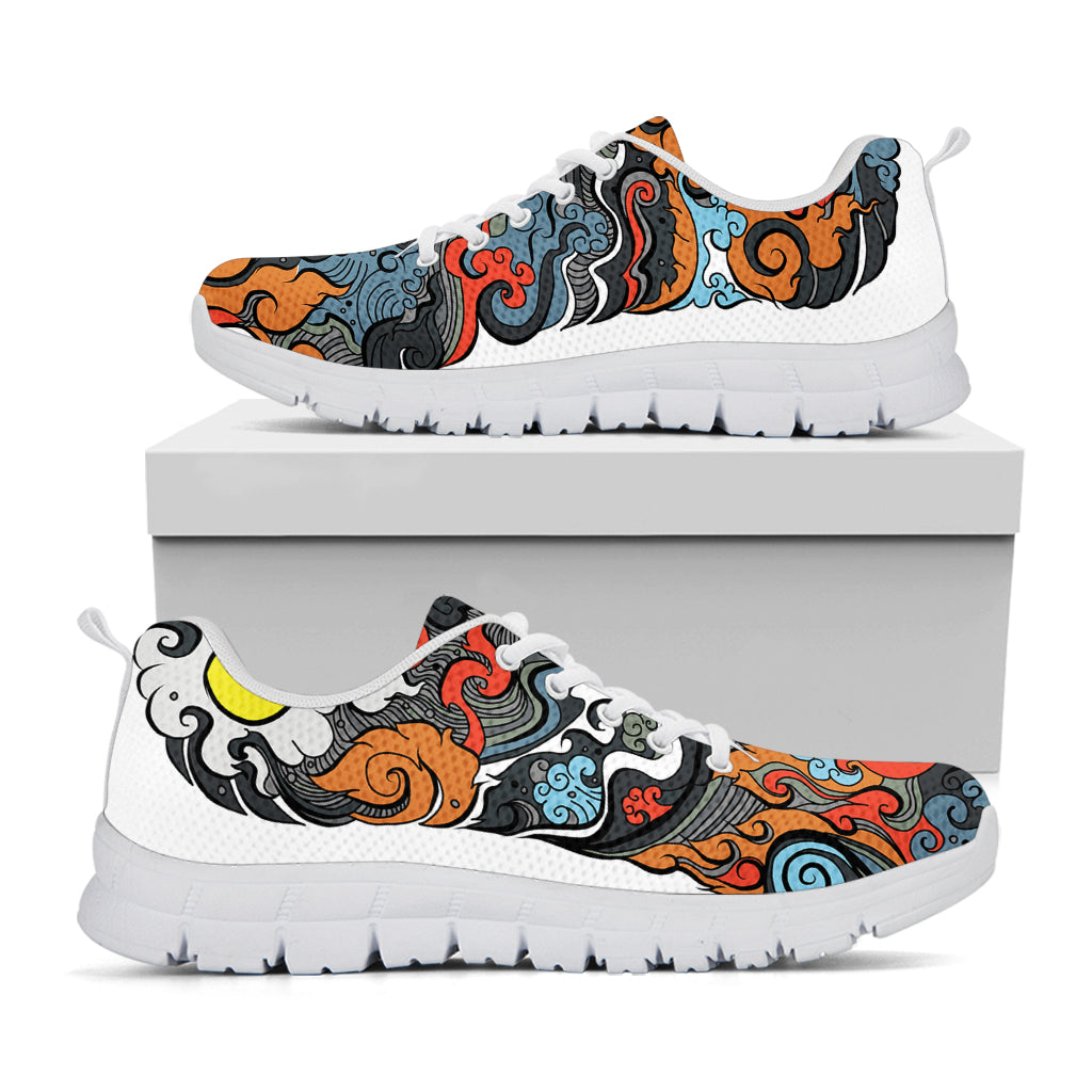 Japanese Elemental Tattoo Print White Sneakers