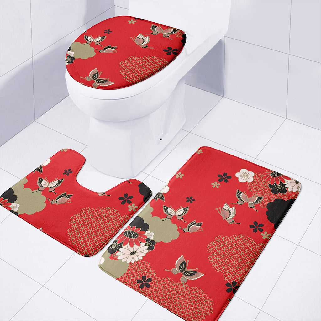 Japanese Flower Print 3 Piece Bath Mat Set