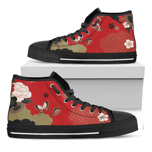 Japanese Flower Print Black High Top Shoes