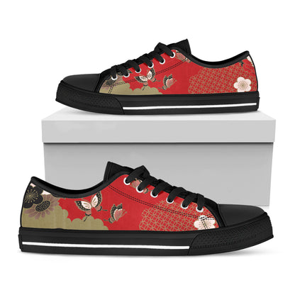 Japanese Flower Print Black Low Top Shoes
