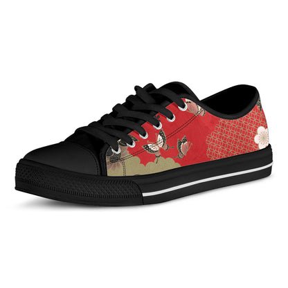 Japanese Flower Print Black Low Top Shoes