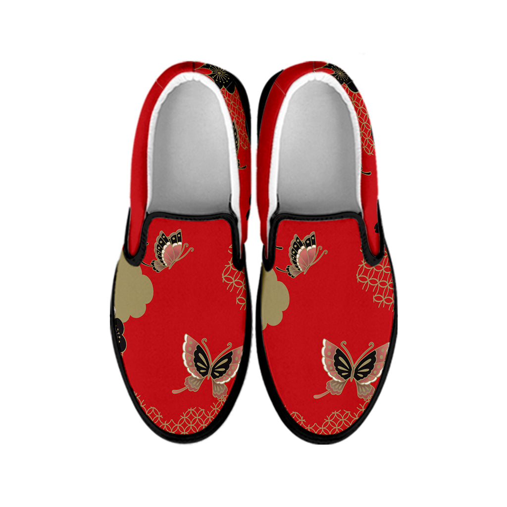 Japanese Flower Print Black Slip On Shoes