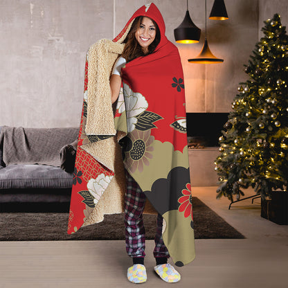 Japanese Flower Print Hooded Blanket