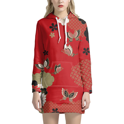 Japanese Flower Print Hoodie Dress