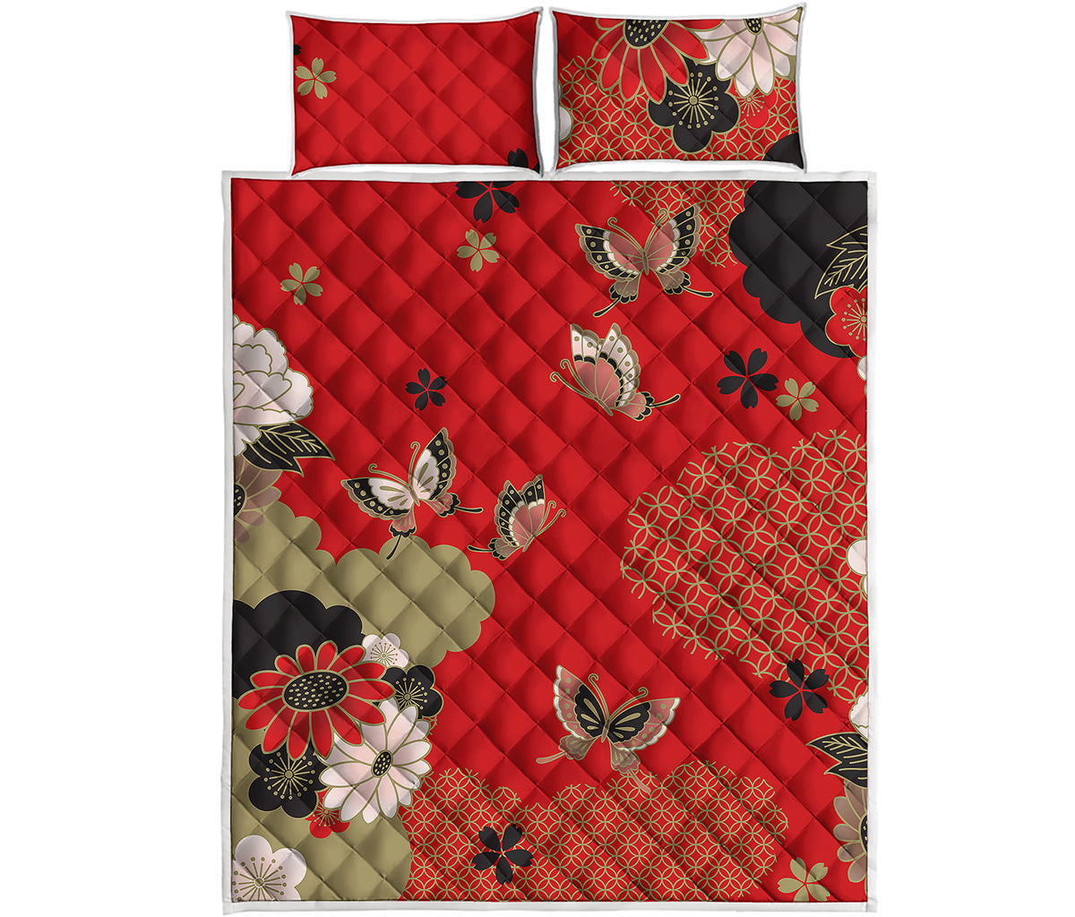 Japanese Flower Print Quilt Bed Set