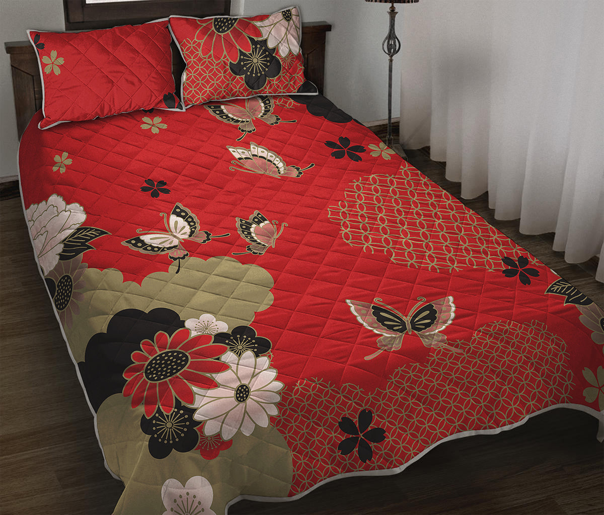 Japanese Flower Print Quilt Bed Set
