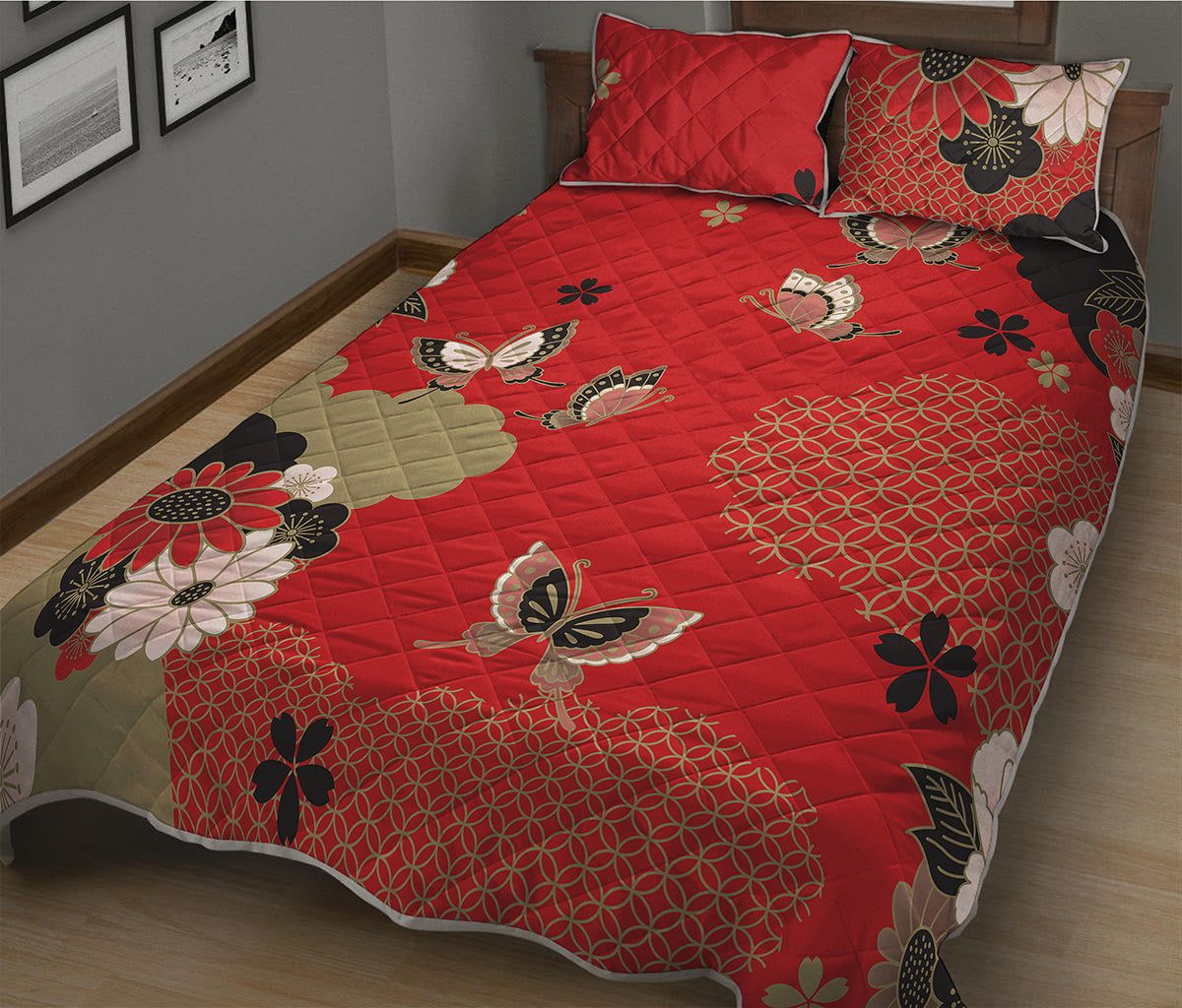 Japanese Flower Print Quilt Bed Set