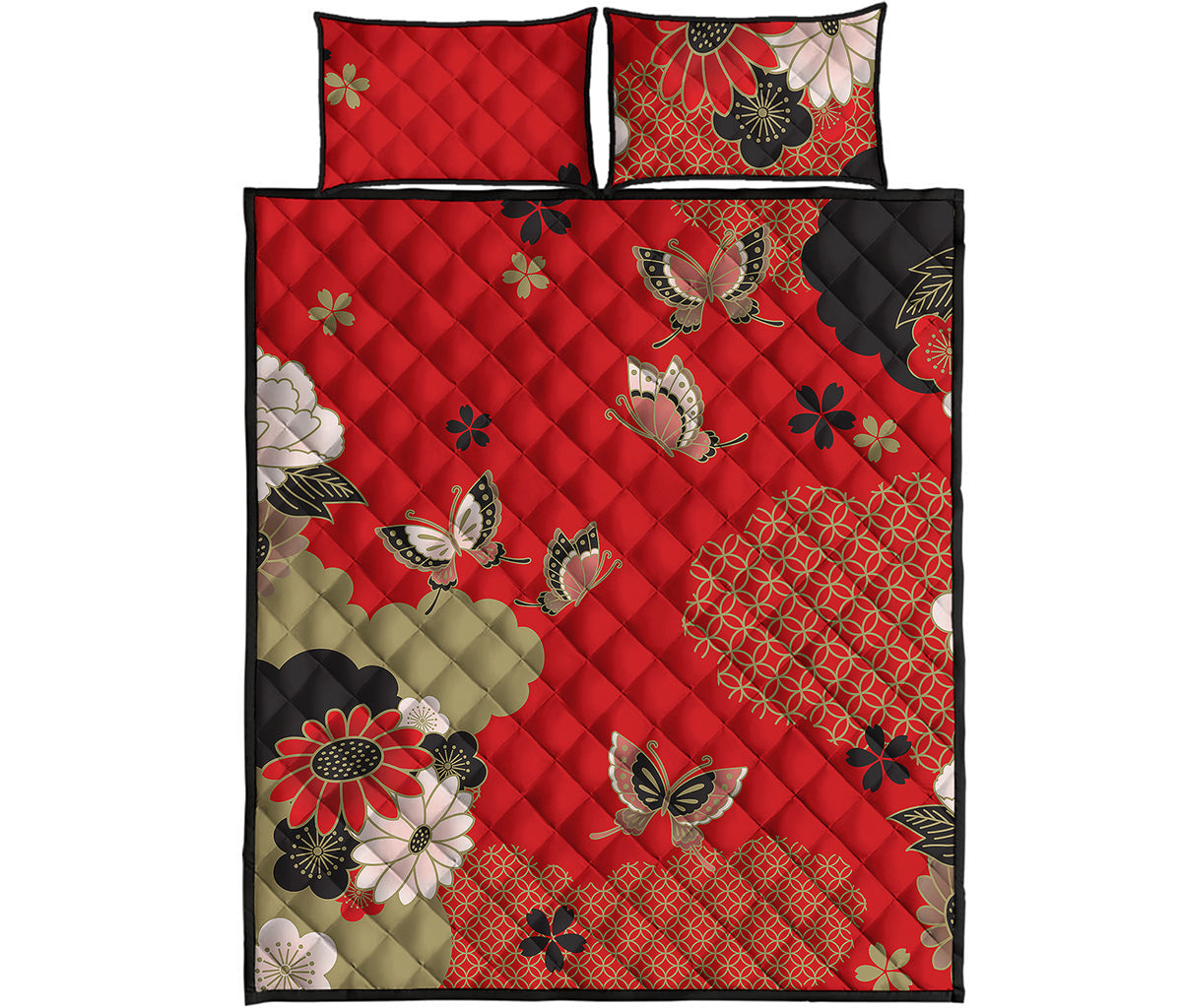 Japanese Flower Print Quilt Bed Set