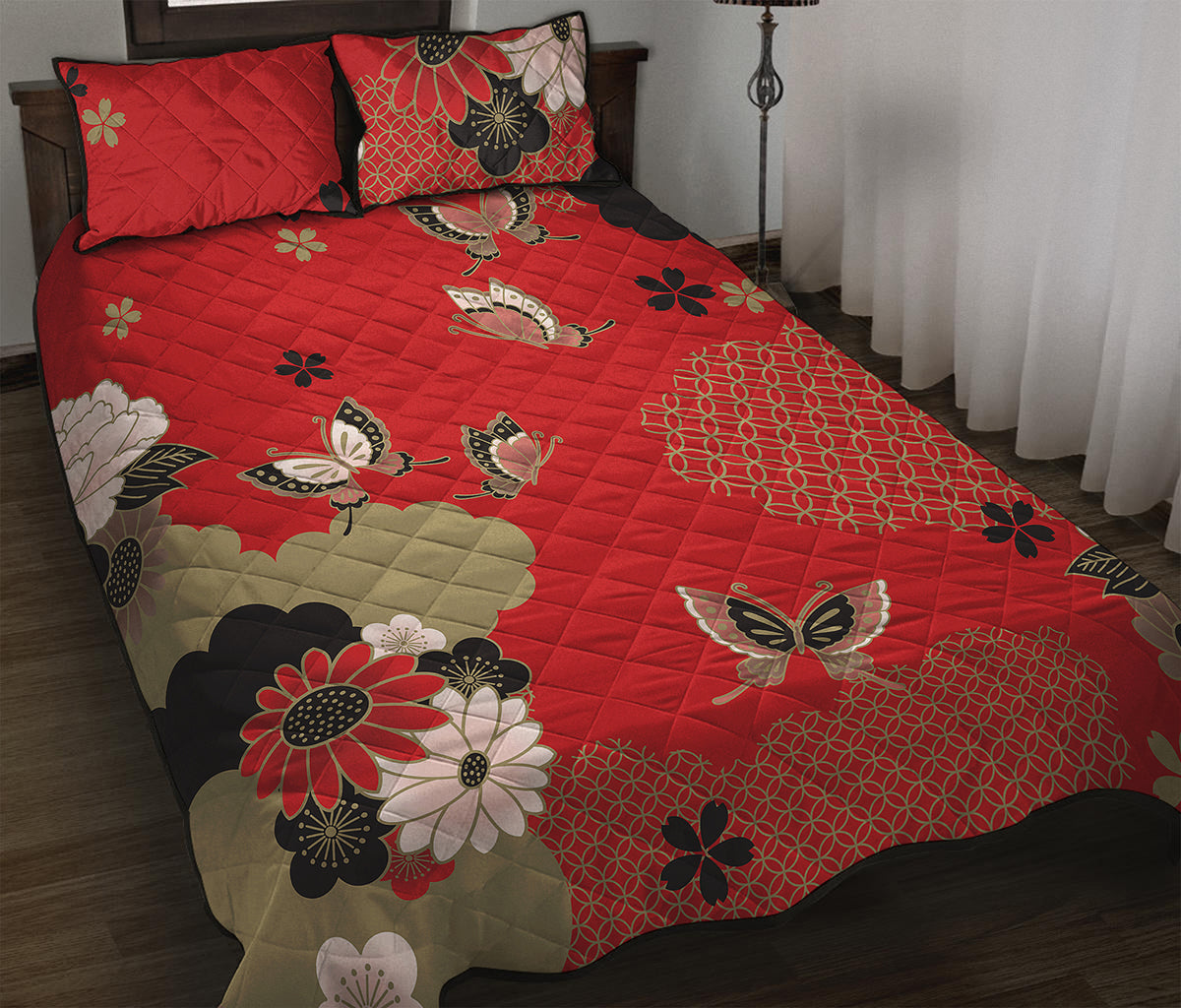 Japanese Flower Print Quilt Bed Set