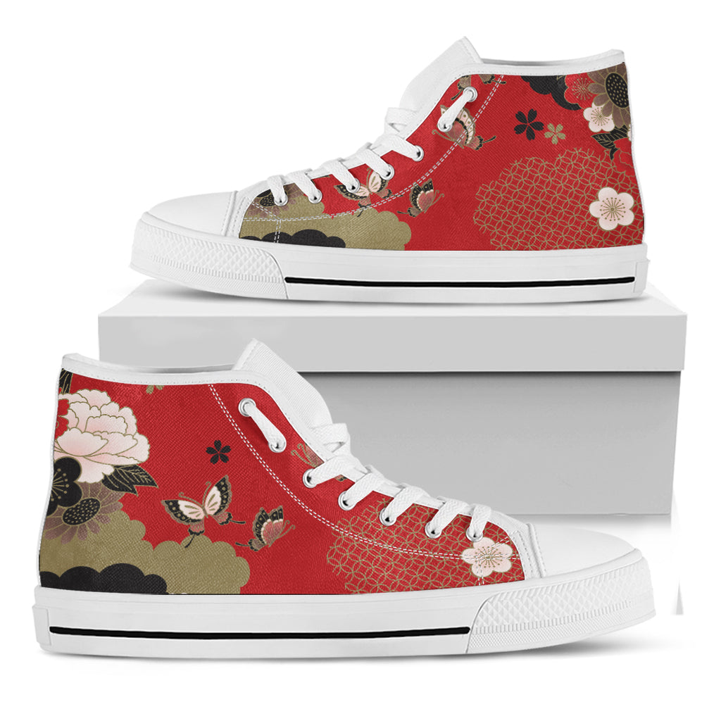 Japanese Flower Print White High Top Shoes