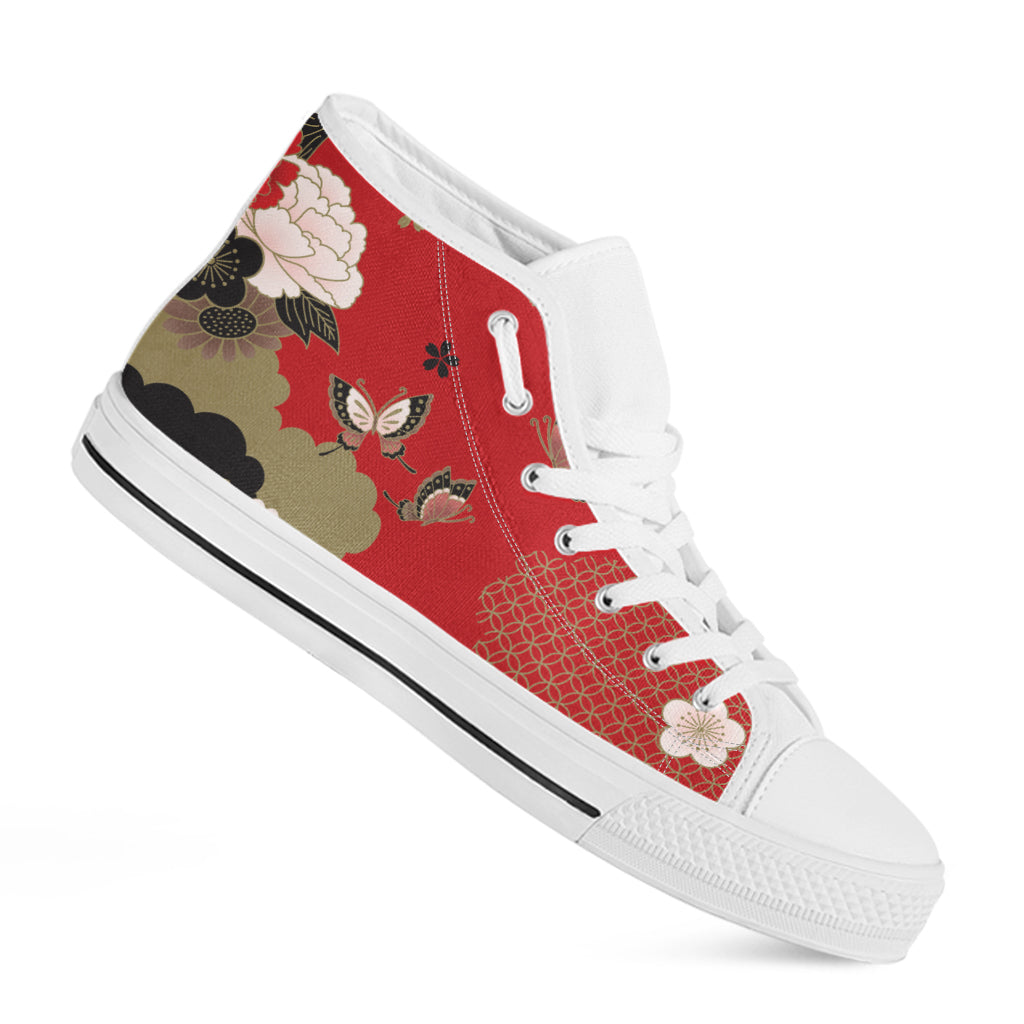 Japanese Flower Print White High Top Shoes