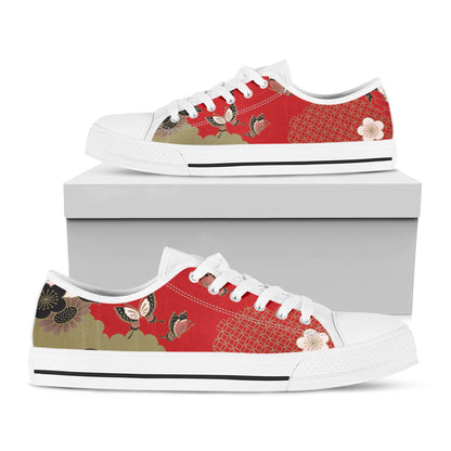 Japanese Flower Print White Low Top Shoes