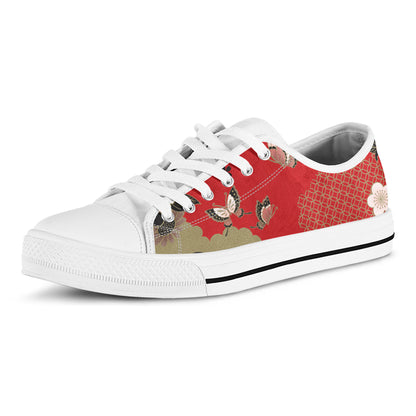 Japanese Flower Print White Low Top Shoes