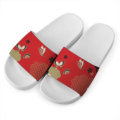 Japanese Flower Print White Slide Sandals