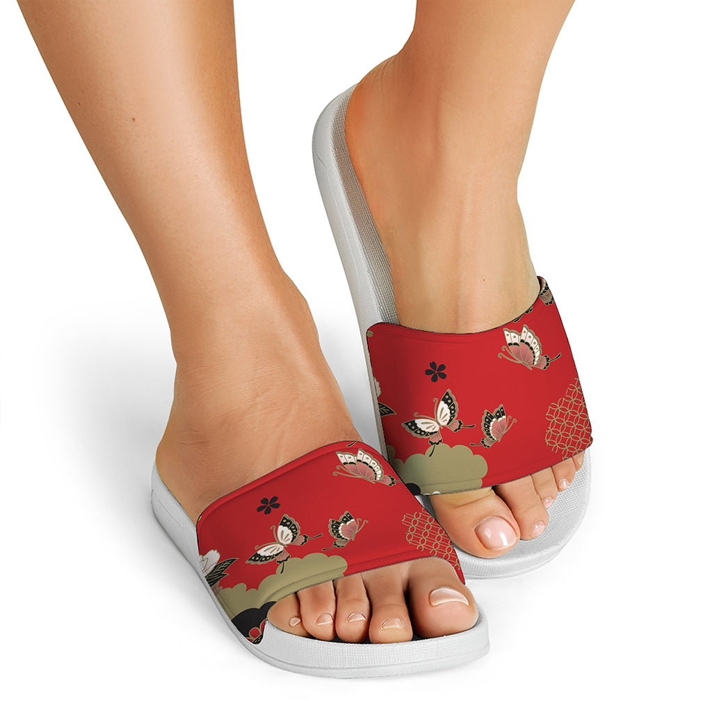 Japanese Flower Print White Slide Sandals